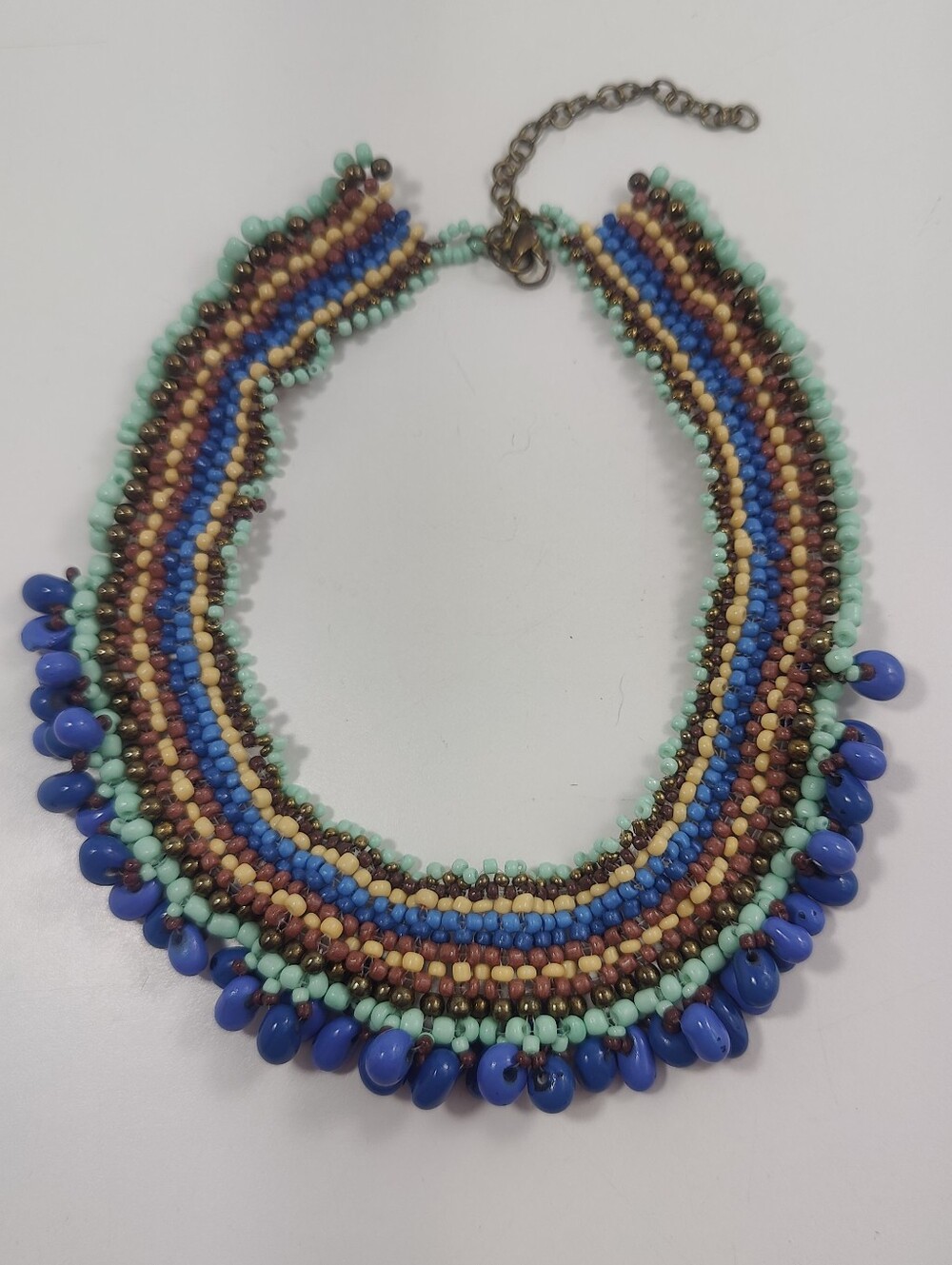 Vintage Multistrand Seed Bead Bib Necklace Cobalt Blue Aqua Mauve Boho